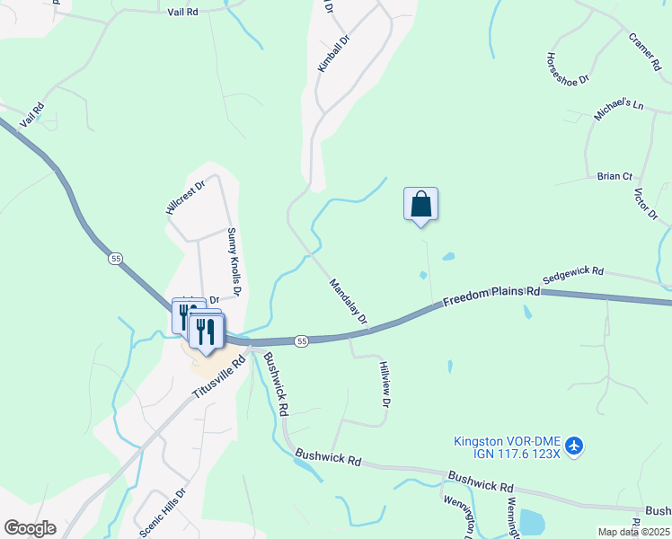 map of restaurants, bars, coffee shops, grocery stores, and more near 5 Mandalay Drive in Poughkeepsie