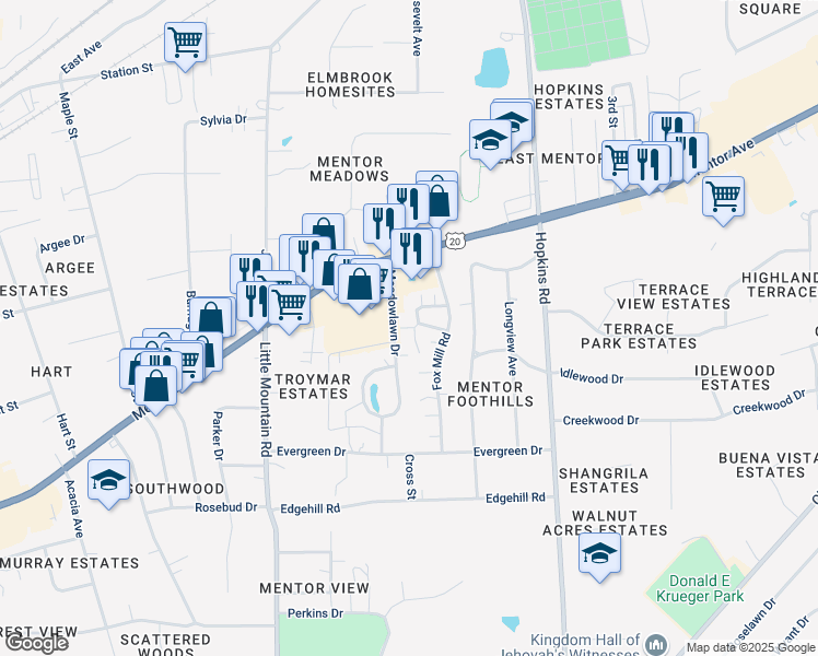map of restaurants, bars, coffee shops, grocery stores, and more near 17 Meadowlawn Drive in Mentor