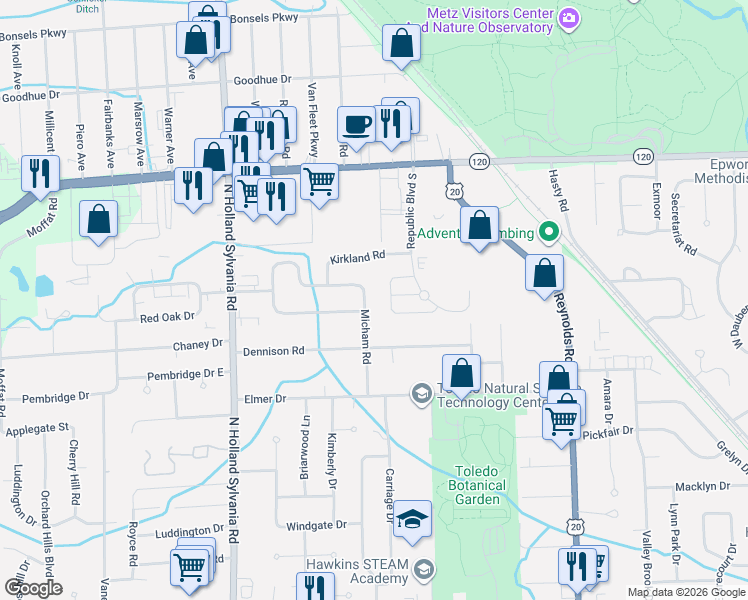 map of restaurants, bars, coffee shops, grocery stores, and more near 2741 Westowne Court in Toledo