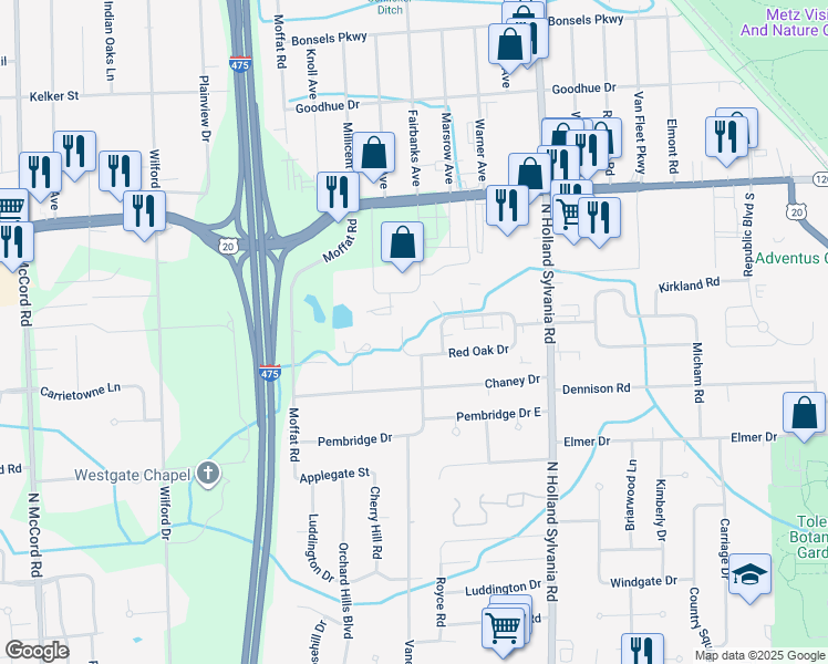 map of restaurants, bars, coffee shops, grocery stores, and more near 6109 Red Oak Drive in Toledo