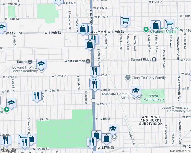 map of restaurants, bars, coffee shops, grocery stores, and more near 12228 South Halsted Street in Chicago
