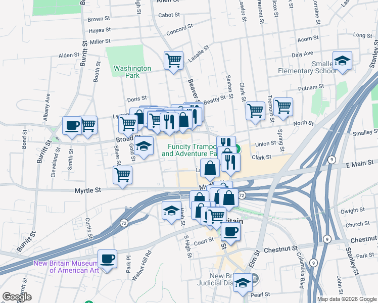 map of restaurants, bars, coffee shops, grocery stores, and more near 164 Washington Street in New Britain