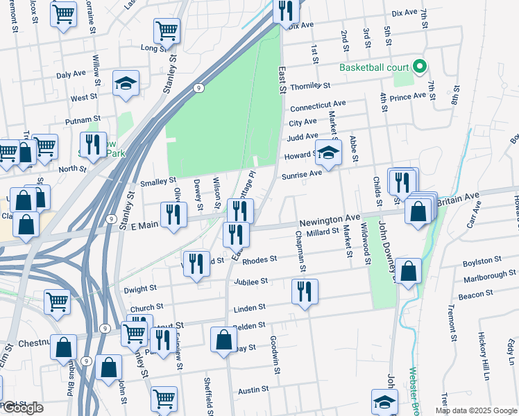 map of restaurants, bars, coffee shops, grocery stores, and more near 516 Main Street in New Britain