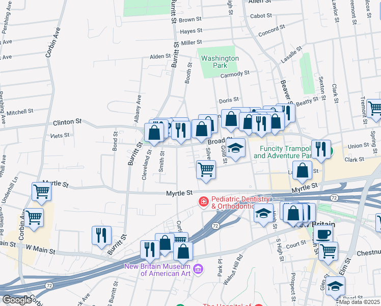 map of restaurants, bars, coffee shops, grocery stores, and more near 94 Booth Street in New Britain