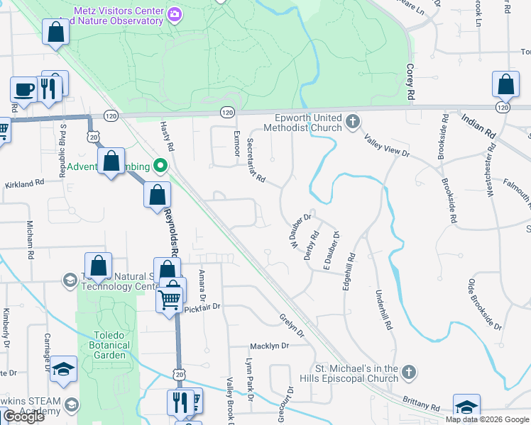 map of restaurants, bars, coffee shops, grocery stores, and more near 2835 Secretariat Road in Toledo