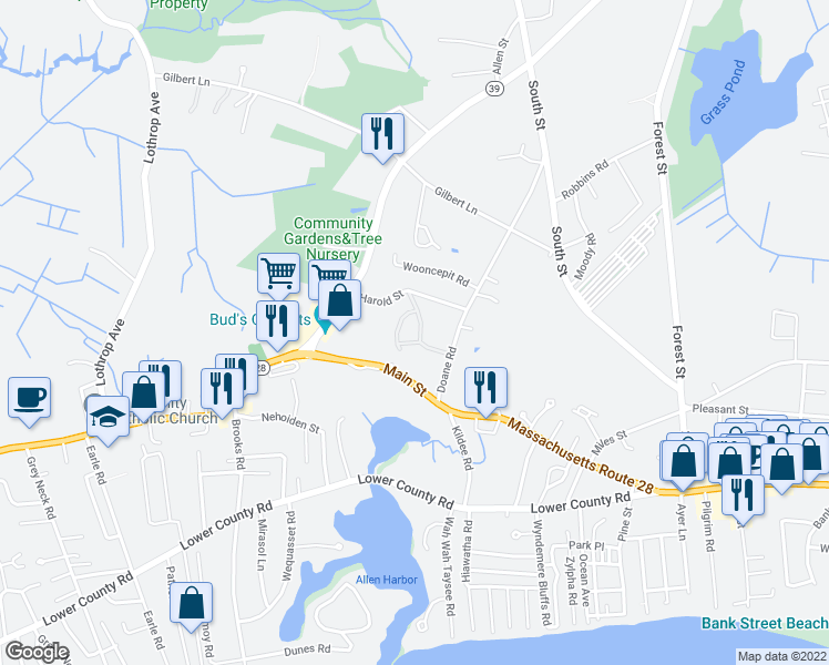 map of restaurants, bars, coffee shops, grocery stores, and more near 19 Harold Street in Harwich