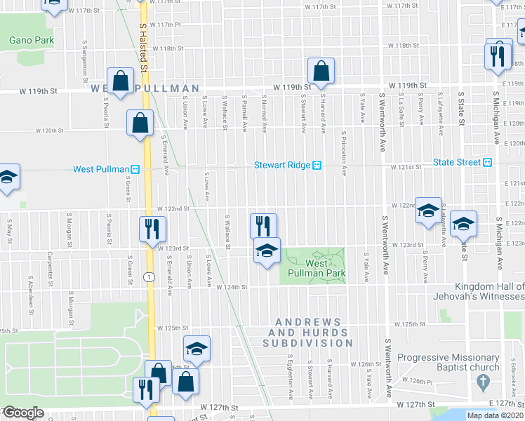 map of restaurants, bars, coffee shops, grocery stores, and more near 12200 South Normal Avenue in Chicago