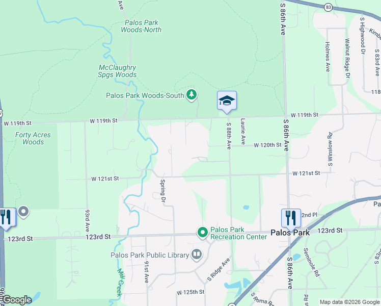 map of restaurants, bars, coffee shops, grocery stores, and more near 12003 South 89th Court in Palos Park