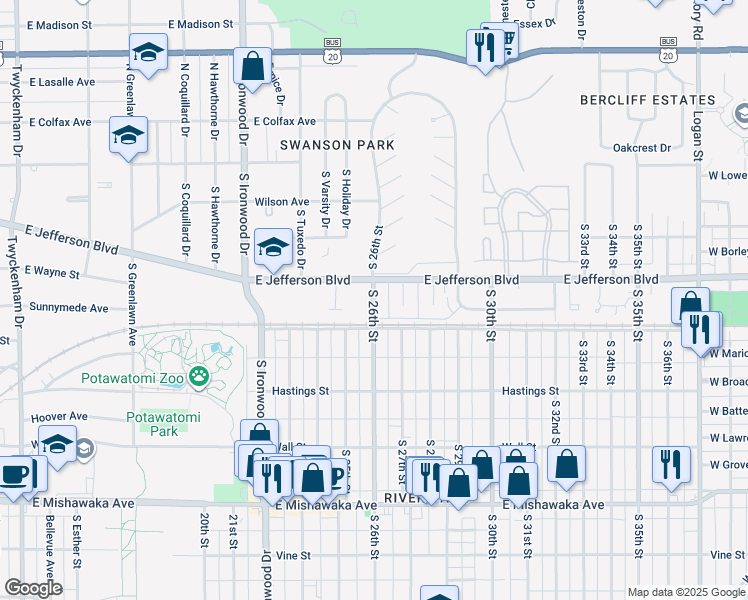map of restaurants, bars, coffee shops, grocery stores, and more near 414 South 26th Street in South Bend