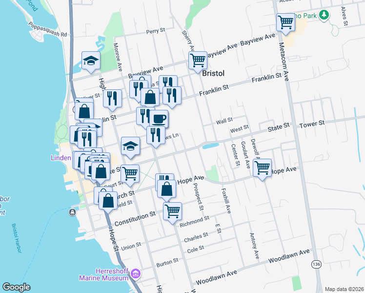 map of restaurants, bars, coffee shops, grocery stores, and more near 30 Rock Street in Bristol