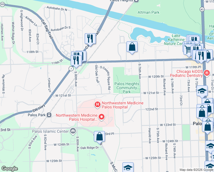 map of restaurants, bars, coffee shops, grocery stores, and more near 36 South Country Squire Road in Palos Heights