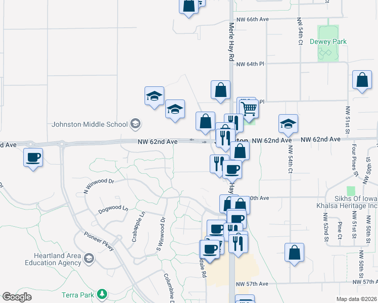 map of restaurants, bars, coffee shops, grocery stores, and more near 6000 Northwest 62nd Avenue in Johnston