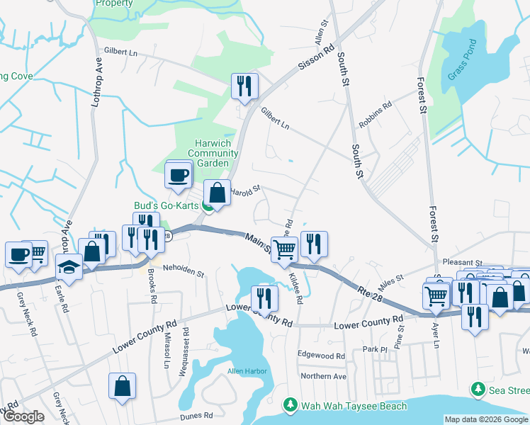 map of restaurants, bars, coffee shops, grocery stores, and more near 19 Harold Street in Harwich