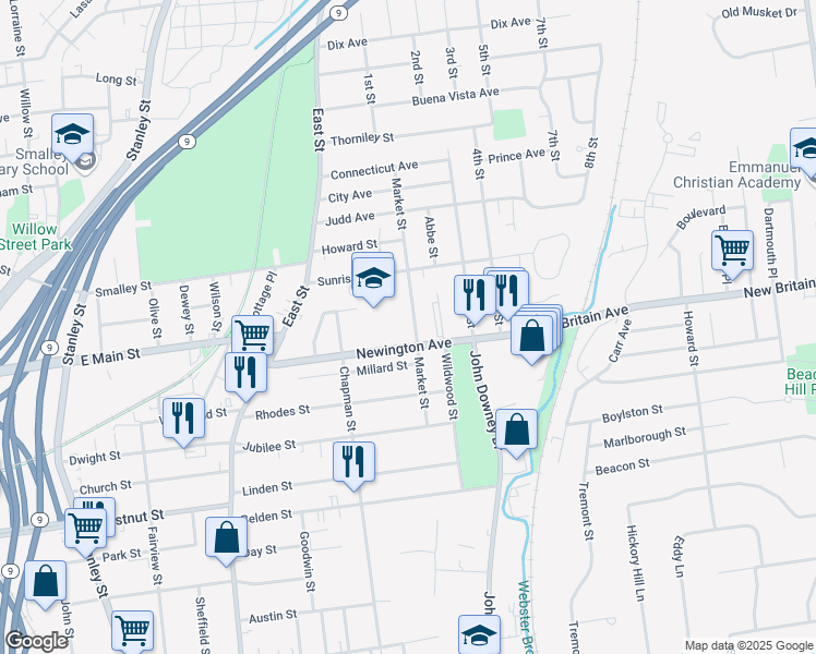 map of restaurants, bars, coffee shops, grocery stores, and more near 134 Market Street in New Britain