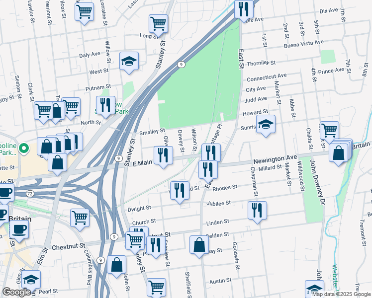 map of restaurants, bars, coffee shops, grocery stores, and more near 8 Bronson Street in New Britain