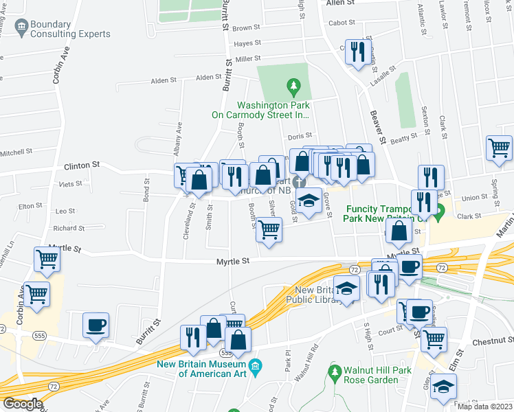 map of restaurants, bars, coffee shops, grocery stores, and more near 223 Broad Street in New Britain