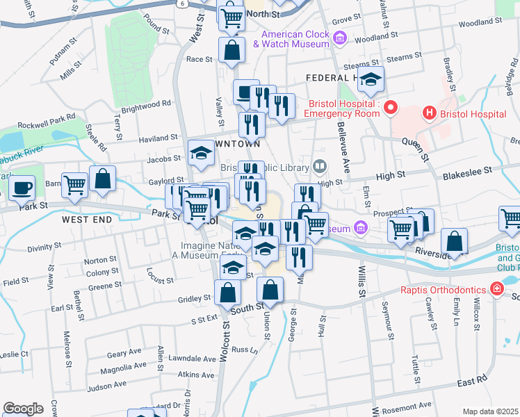 map of restaurants, bars, coffee shops, grocery stores, and more near 38-90 North Main Street in Bristol