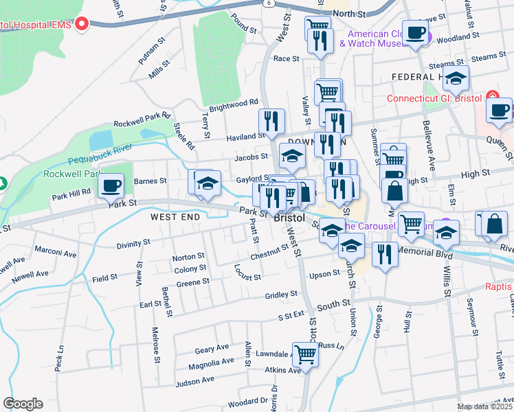 map of restaurants, bars, coffee shops, grocery stores, and more near 33 Gaylord Street in Bristol