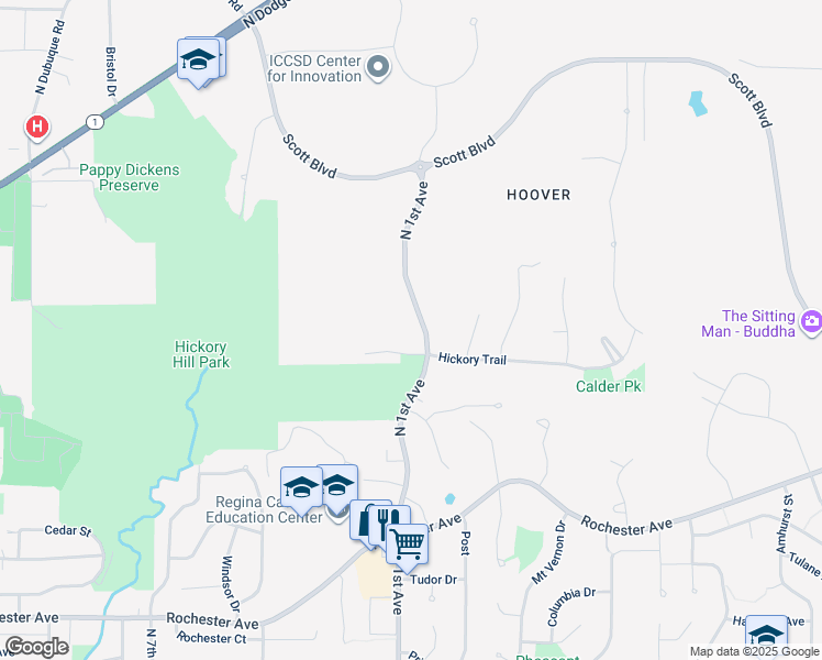 map of restaurants, bars, coffee shops, grocery stores, and more near 872 North 1st Avenue in Iowa City