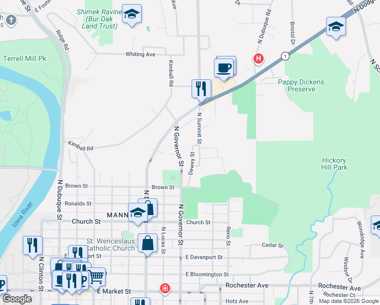 map of restaurants, bars, coffee shops, grocery stores, and more near 1018 North Governor Street in Iowa City