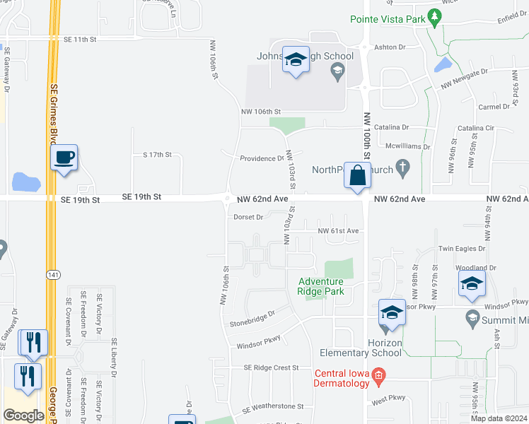 map of restaurants, bars, coffee shops, grocery stores, and more near 10471 Northwest 62nd Avenue in Johnston