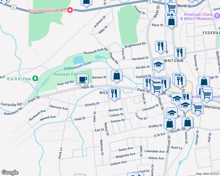 map of restaurants, bars, coffee shops, grocery stores, and more near 175 Park Street in Bristol