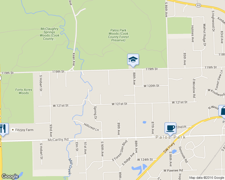 map of restaurants, bars, coffee shops, grocery stores, and more near 12003 South 89th Court in Palos Park