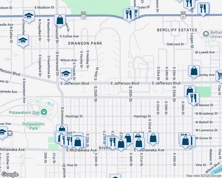 map of restaurants, bars, coffee shops, grocery stores, and more near 2728 East Jefferson Boulevard in South Bend