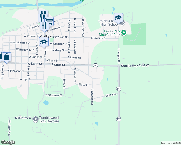 map of restaurants, bars, coffee shops, grocery stores, and more near 605 East State Street in Colfax
