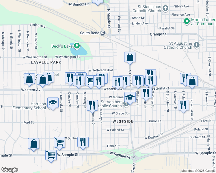 map of restaurants, bars, coffee shops, grocery stores, and more near 2617 West Western Avenue in South Bend