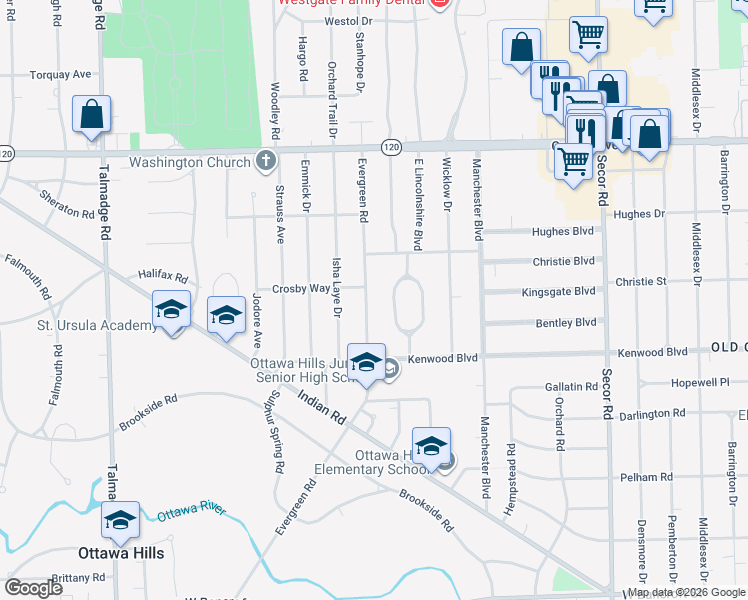 map of restaurants, bars, coffee shops, grocery stores, and more near 2804 Evergreen Road in Toledo