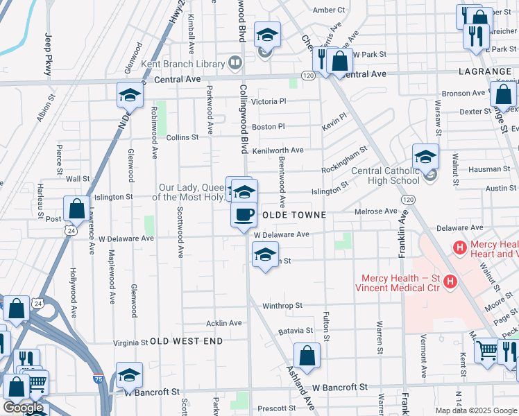map of restaurants, bars, coffee shops, grocery stores, and more near 438 Melrose Avenue in Toledo