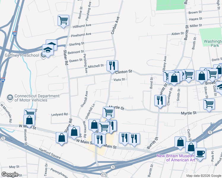 map of restaurants, bars, coffee shops, grocery stores, and more near 15 Viets Street in New Britain