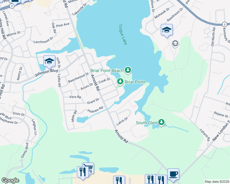 map of restaurants, bars, coffee shops, grocery stores, and more near 75 West Shore Drive in Coventry