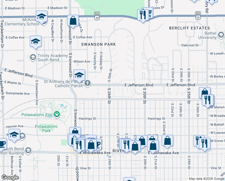 map of restaurants, bars, coffee shops, grocery stores, and more near 2628 East Jefferson Boulevard in South Bend