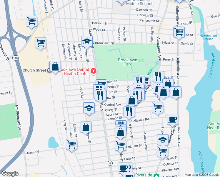 map of restaurants, bars, coffee shops, grocery stores, and more near 148 Princeton Street in New Bedford