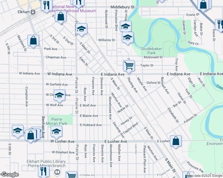 map of restaurants, bars, coffee shops, grocery stores, and more near 1614 Morehouse Avenue in Elkhart