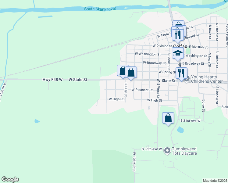 map of restaurants, bars, coffee shops, grocery stores, and more near 400 South Hastings Avenue in Colfax