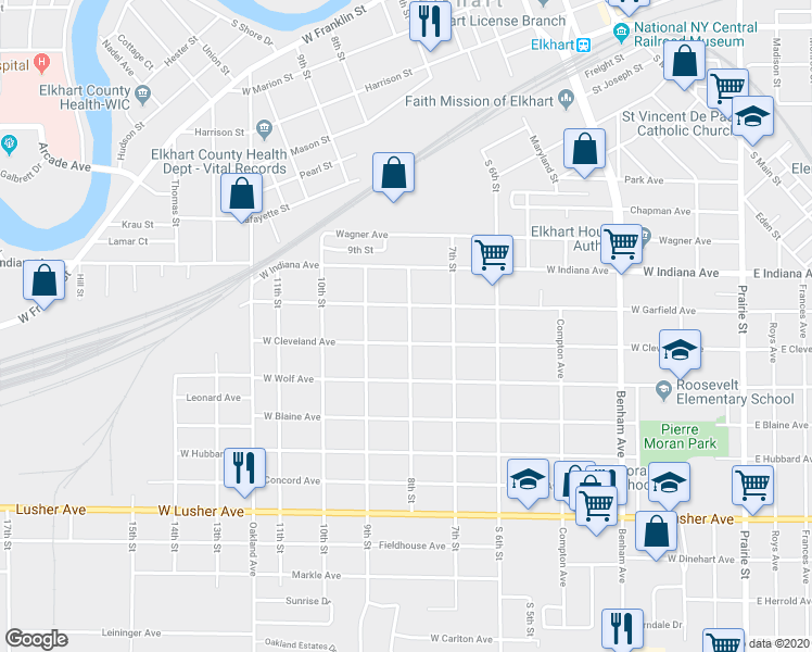map of restaurants, bars, coffee shops, grocery stores, and more near 1617 8th Street in Elkhart