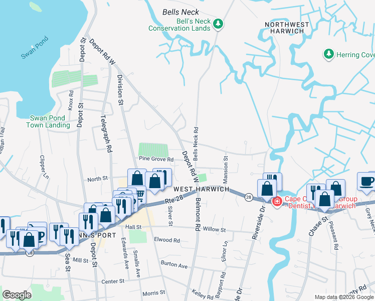 map of restaurants, bars, coffee shops, grocery stores, and more near 50 Depot Road West in Harwich