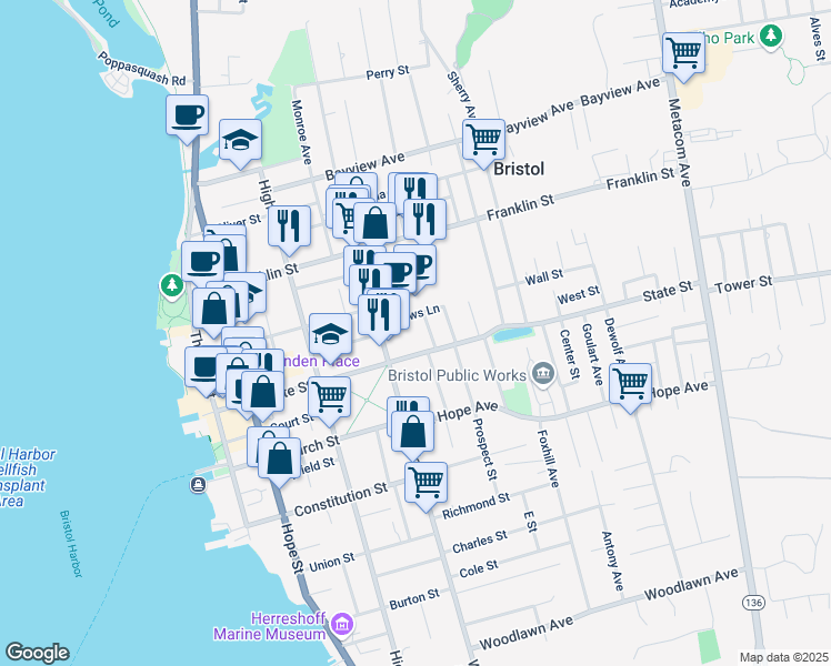 map of restaurants, bars, coffee shops, grocery stores, and more near 30 Rock Street in Bristol