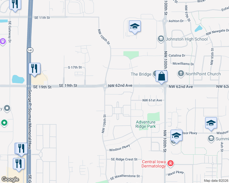 map of restaurants, bars, coffee shops, grocery stores, and more near in Johnston