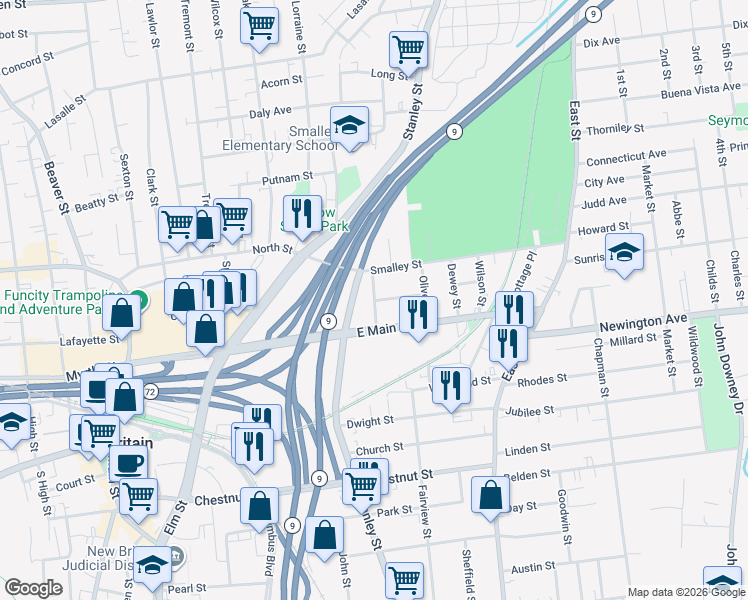 map of restaurants, bars, coffee shops, grocery stores, and more near 32 Noble Street in New Britain