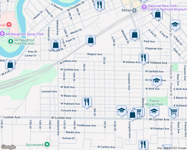 map of restaurants, bars, coffee shops, grocery stores, and more near 1617 8th Street in Elkhart