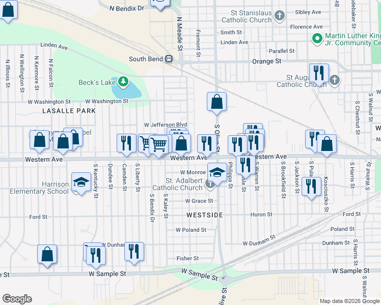 map of restaurants, bars, coffee shops, grocery stores, and more near 2617 West Western Avenue in South Bend