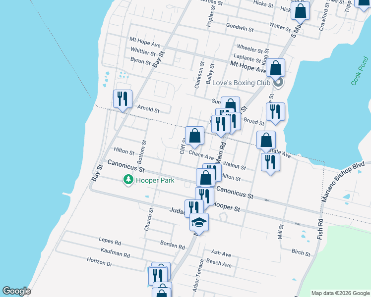map of restaurants, bars, coffee shops, grocery stores, and more near 34 Methuen Street in Tiverton