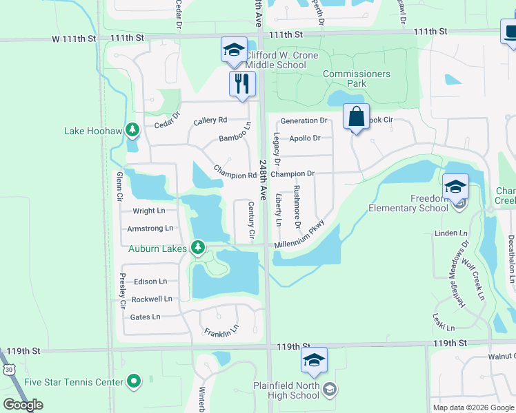 map of restaurants, bars, coffee shops, grocery stores, and more near 11608 Century Circle in Plainfield