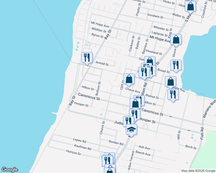 map of restaurants, bars, coffee shops, grocery stores, and more near 126 Hilton Street in Tiverton