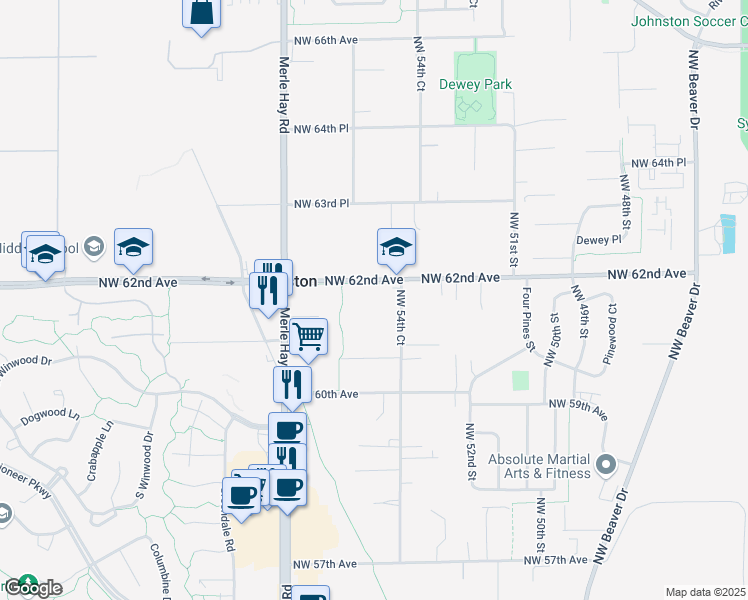 map of restaurants, bars, coffee shops, grocery stores, and more near 5450 Northwest 62nd Avenue in Johnston