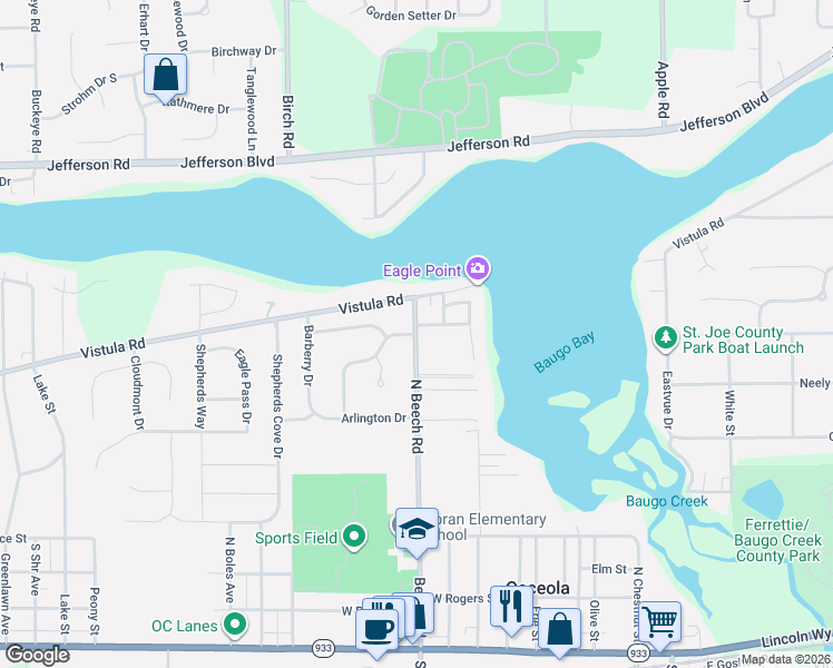 map of restaurants, bars, coffee shops, grocery stores, and more near 602 North Beech Road in Osceola